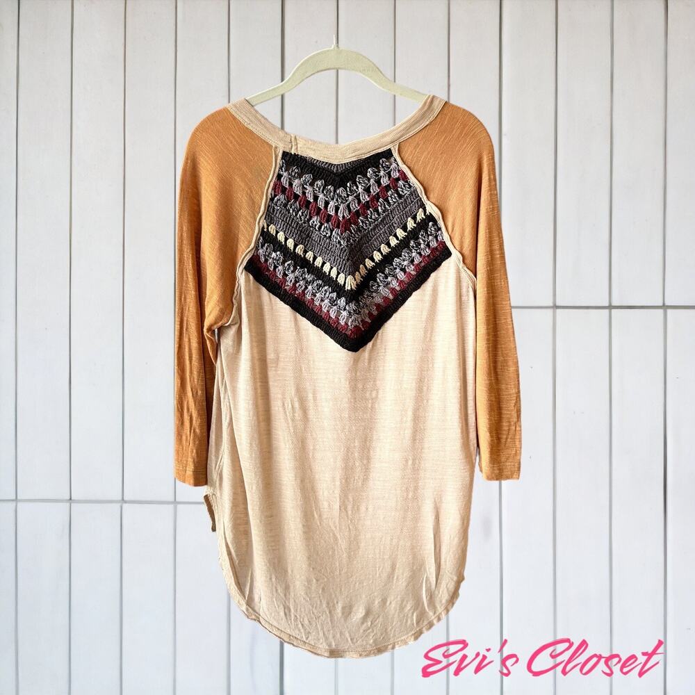We the Free Spring Bound Tee Crochet Bodice Top S Women's Shirt Boho 3/4 Sleeve